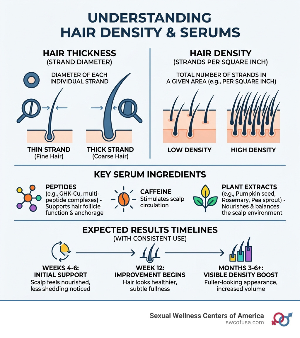 Infographic showing the difference between hair thickness (diameter of each strand) and hair density (number of strands per Infographic showing the difference between hair thickness (diameter of each strand) and hair density (number of strands per
