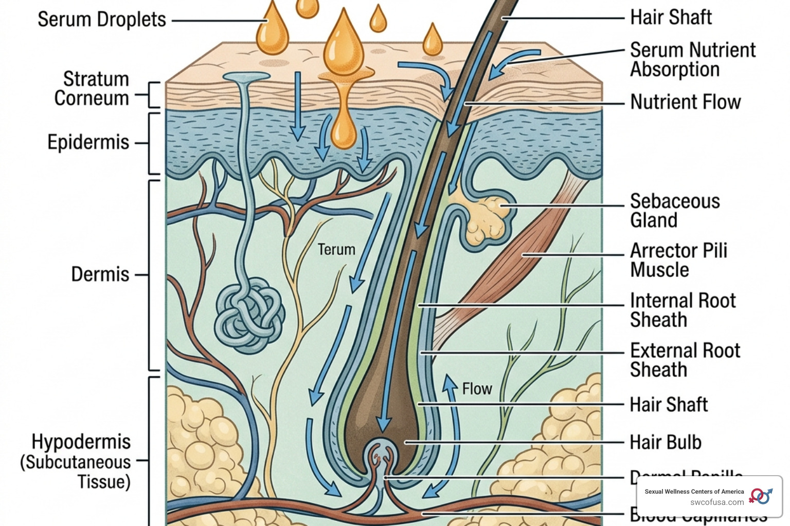 Close-up graphic of a hair follicle with serum droplets being absorbed into the scalp and reaching the hair bulb - hair Close-up graphic of a hair follicle with serum droplets being absorbed into the scalp and reaching the hair bulb - hair