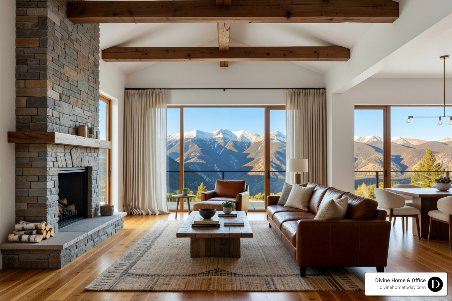 Luxury modern mountain living room featuring floor-to-ceiling windows with mountain views, elegant linen drapes, stone Luxury modern mountain living room featuring floor-to-ceiling windows with mountain views, elegant linen drapes, stone