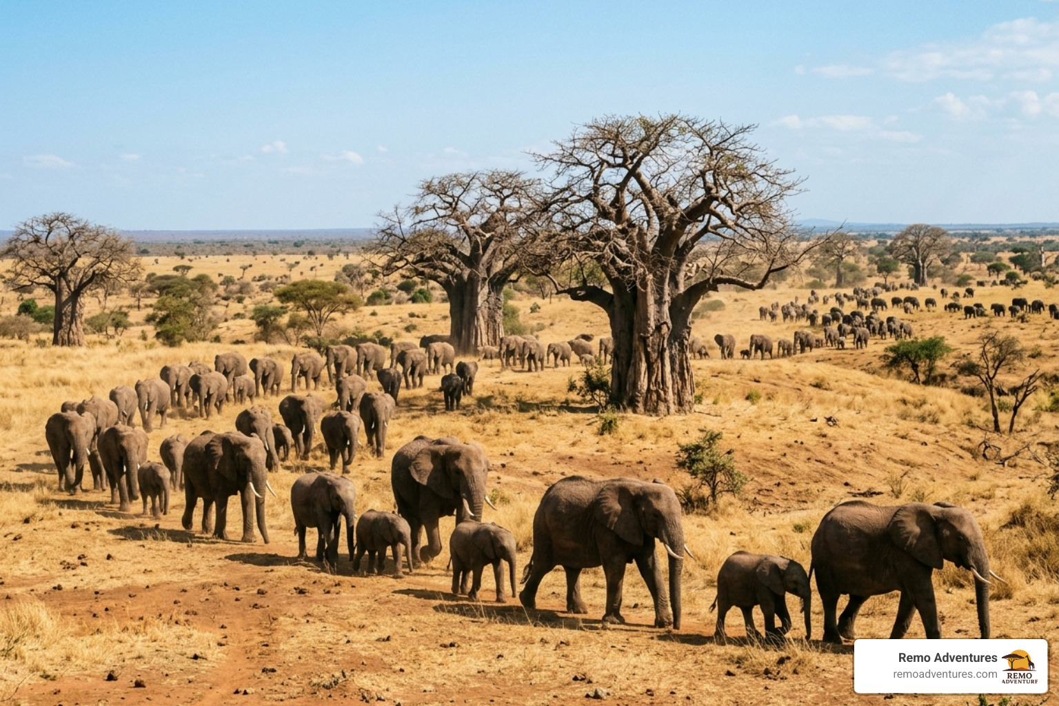 Elephant herds moving past baobab trees in Tarangire National Park - Zanzibar safari and beach