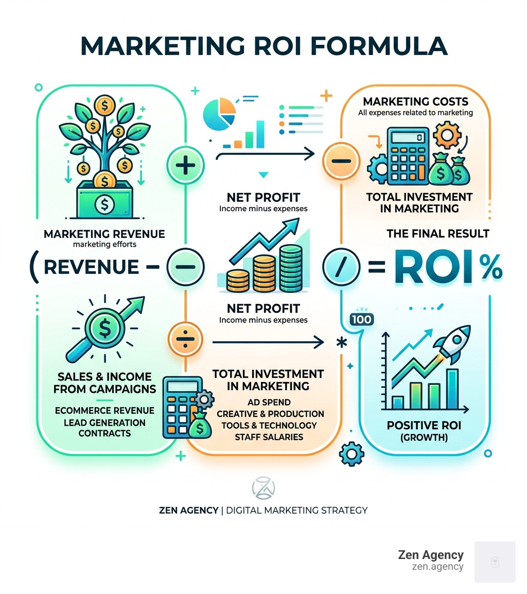 Marketing ROI formula breakdown infographic showing components: revenue, marketing costs, and ROI percentage calculation Marketing ROI formula breakdown infographic showing components: revenue, marketing costs, and ROI percentage calculation