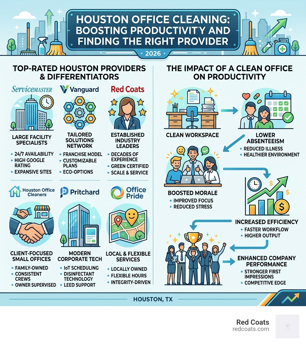 Infographic showing top Houston office cleaning providers, key differentiators, and the link between office cleanliness and