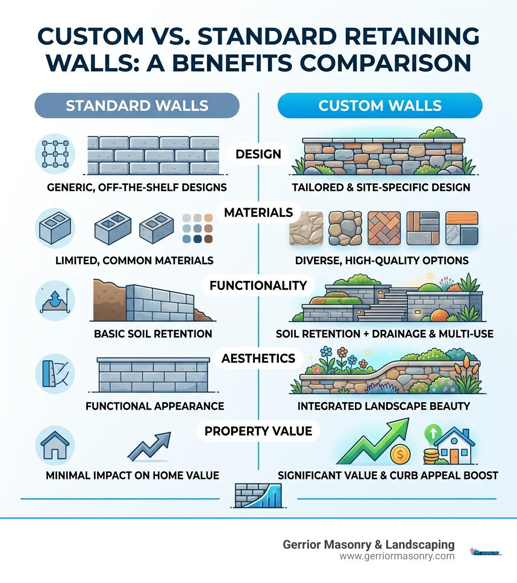 Infographic comparing benefits of custom vs standard retaining walls - Custom Retaining Walls infographic 