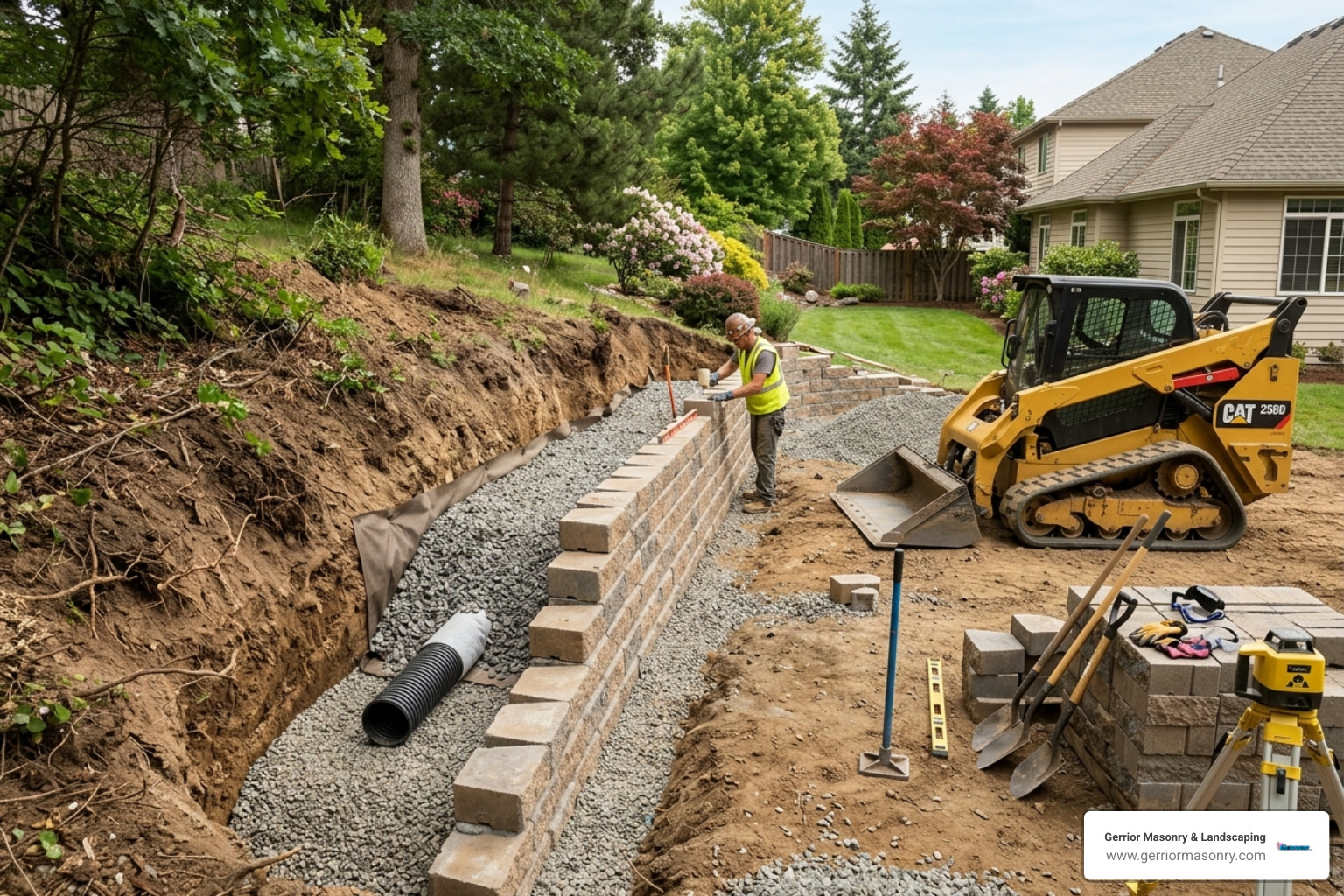 Retaining wall under construction showing base and backfill - Custom Retaining Walls