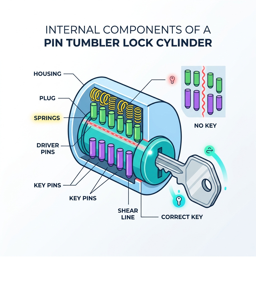 Internal components of a pin tumbler lock cylinder with labels for key pins, driver pins, springs, plug, and housing - Lock