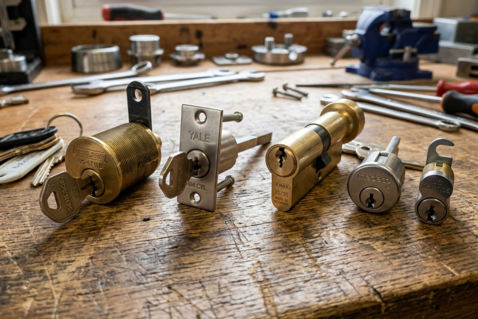Various lock cylinder types including mortise, rim, and Euro profile cylinders displayed on a workbench - Lock cylinder