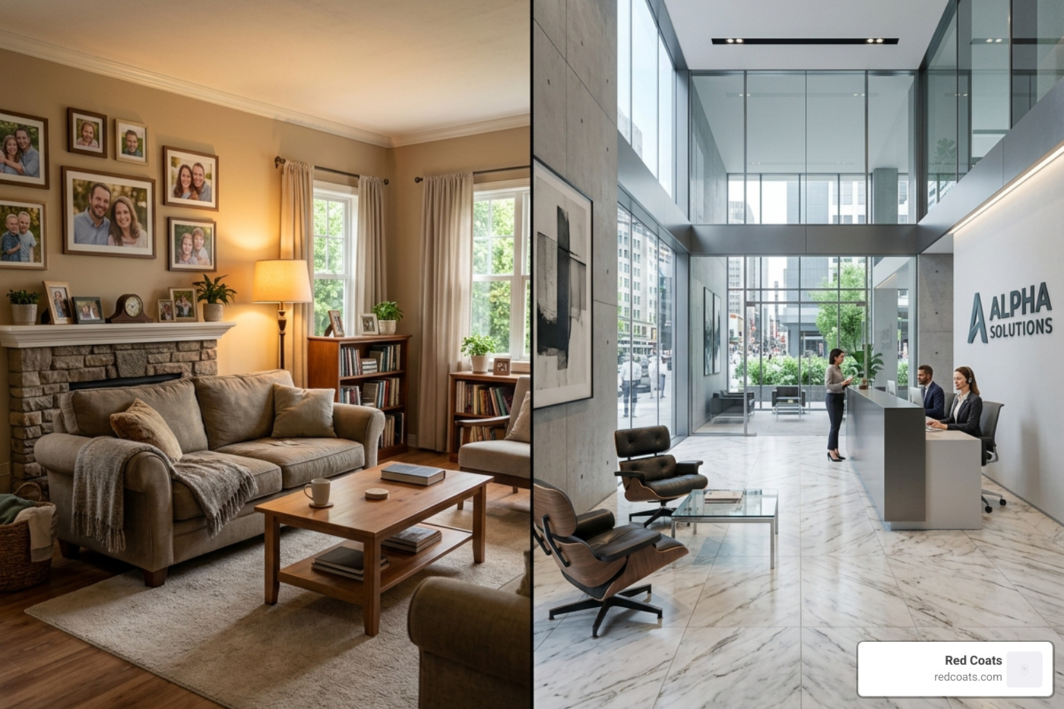 A cozy residential living room contrasted with a sleek, expansive commercial lobby - commercial and domestic cleaning