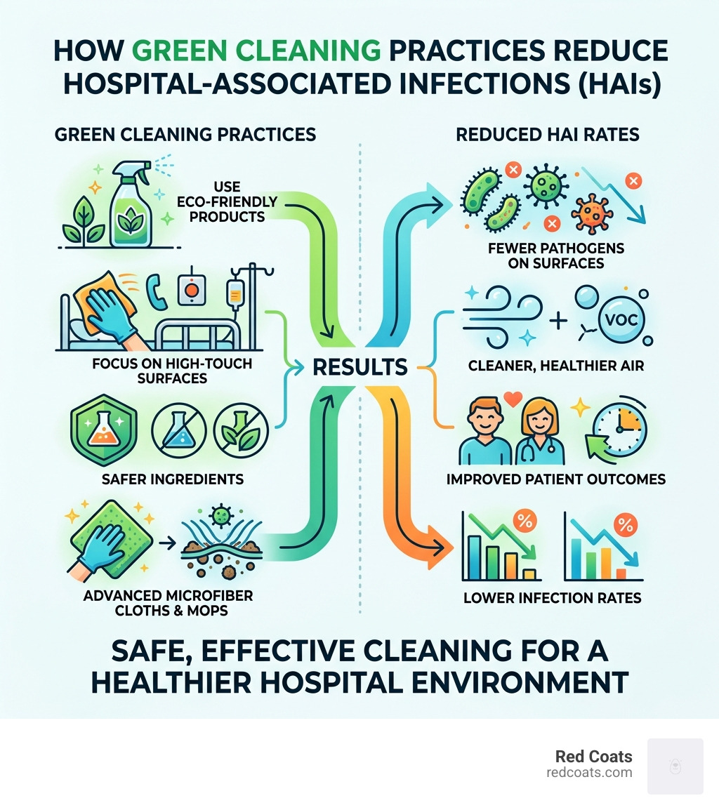 Infographic showing the link between green cleaning practices and reduced HAI rates in hospitals - eco-friendly healthcare