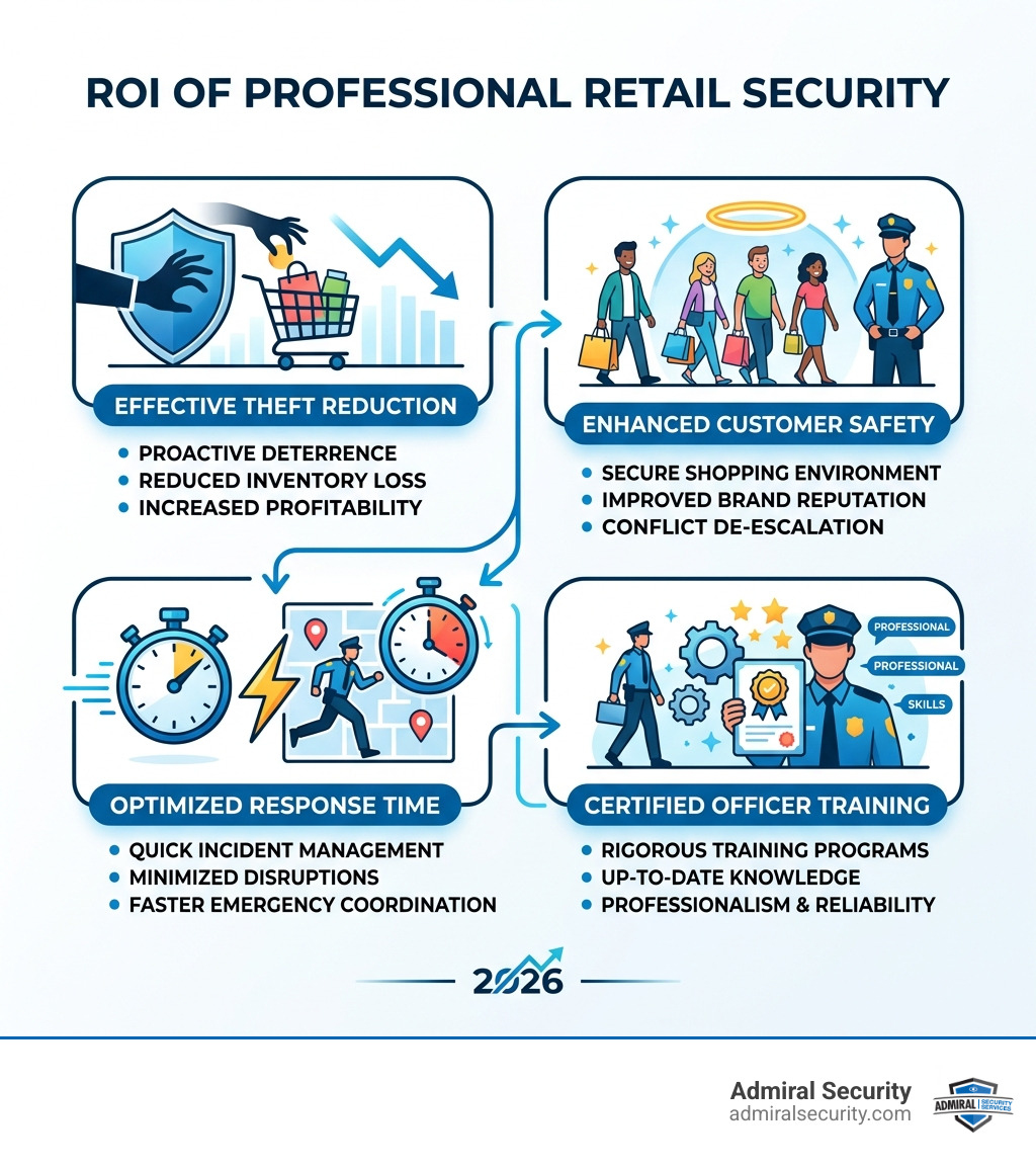 ROI of professional retail security: theft reduction, customer safety, response time, officer certifications - trained