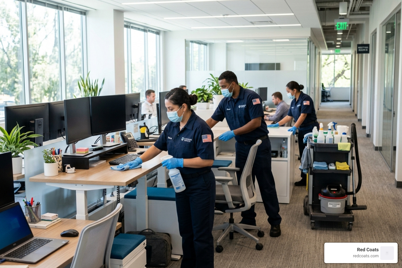 janitorial team sanitizing a workspace - commercial cleaning fredericksburg va