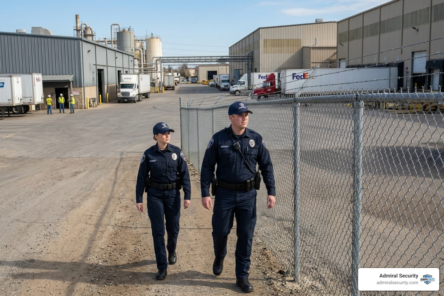 Uniformed security officers conducting a perimeter patrol at an industrial site - professional security guard company Uniformed security officers conducting a perimeter patrol at an industrial site - professional security guard company
