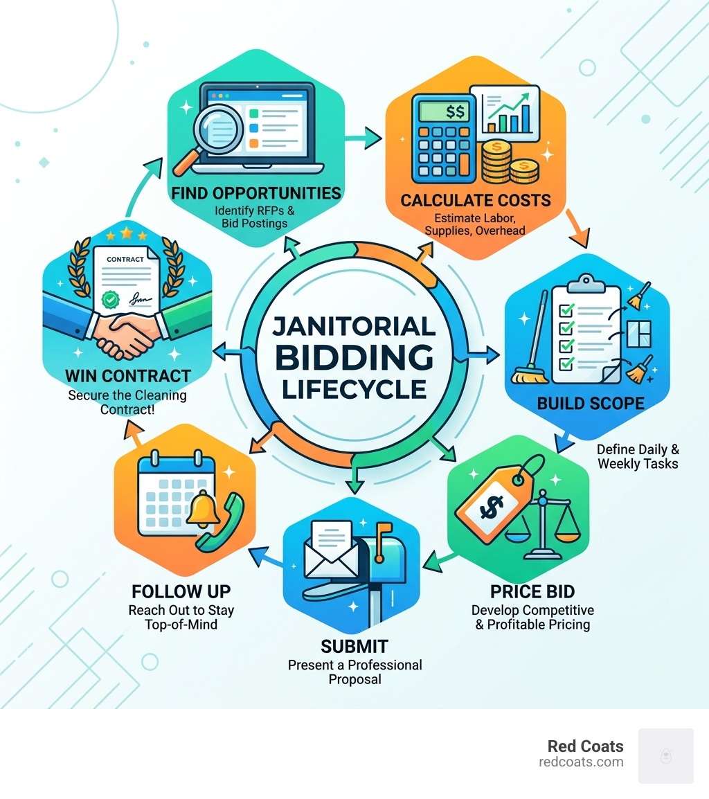 Janitorial bidding lifecycle infographic: Find opportunities, calculate costs, build scope, price bid, submit, follow up