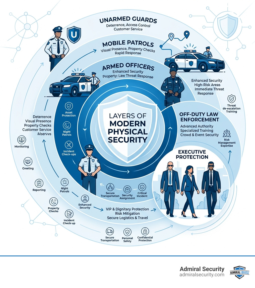 Layers of modern physical security: unarmed guards, armed officers, mobile patrols, off-duty law enforcement, executive