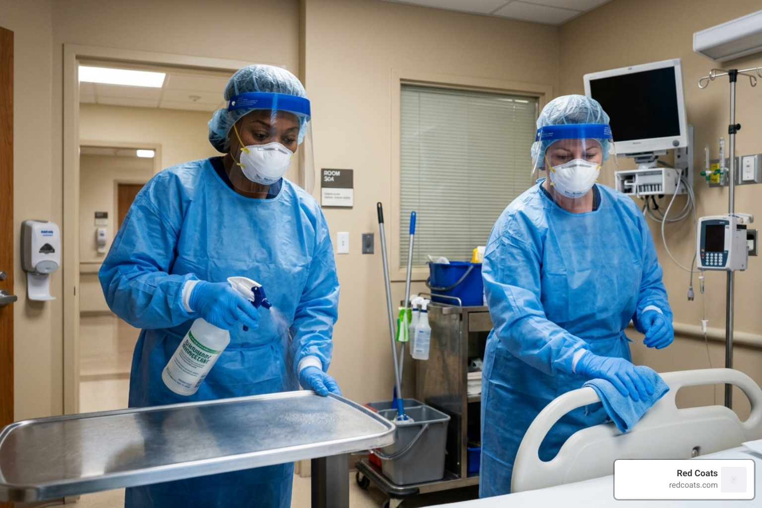 Hospital cleaning staff wearing protective gear and masks while using harsh chemicals - eco-friendly healthcare cleaning