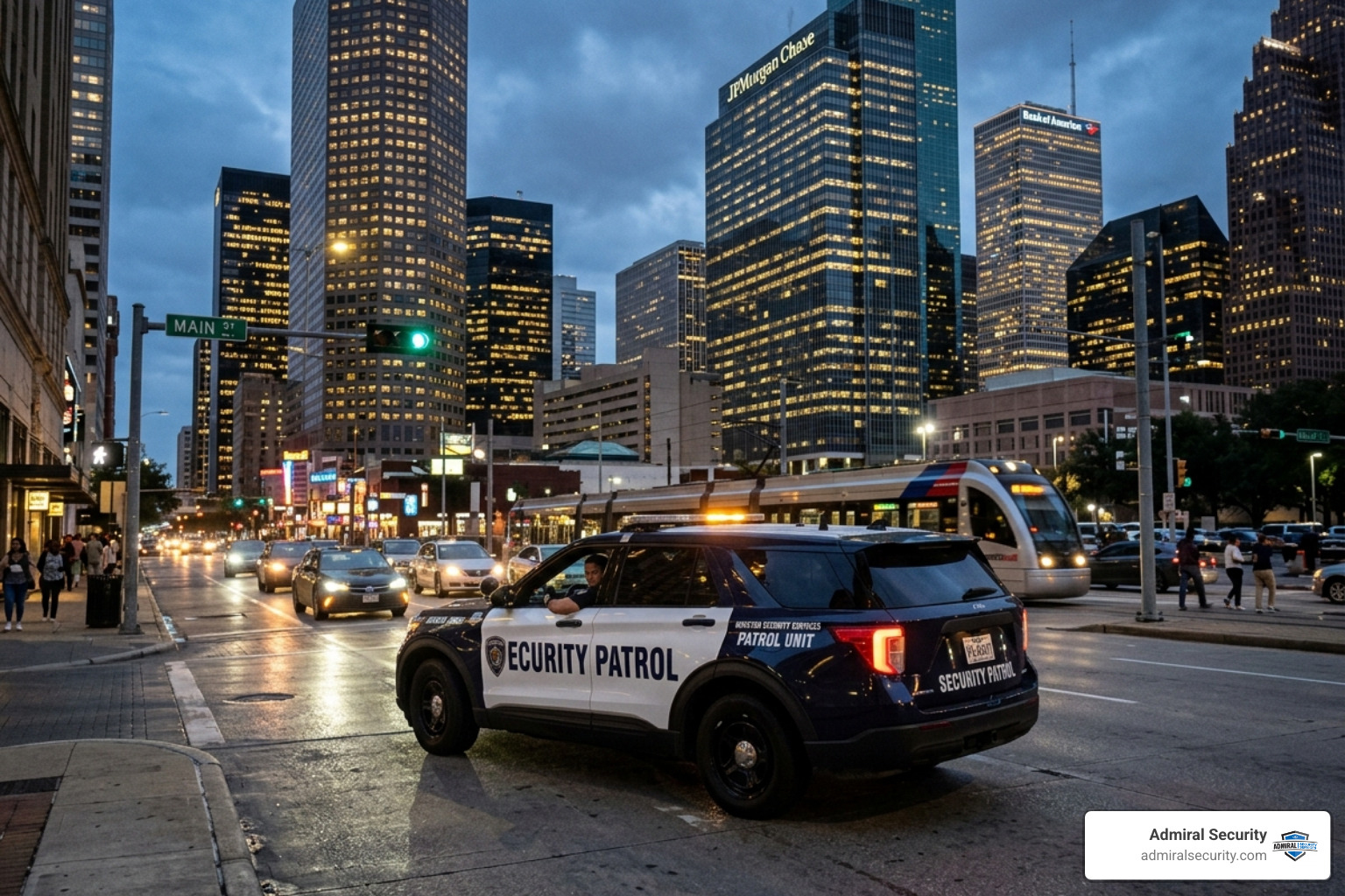marked security patrol vehicle in Downtown Houston - commercial security guards houston marked security patrol vehicle in Downtown Houston - commercial security guards houston