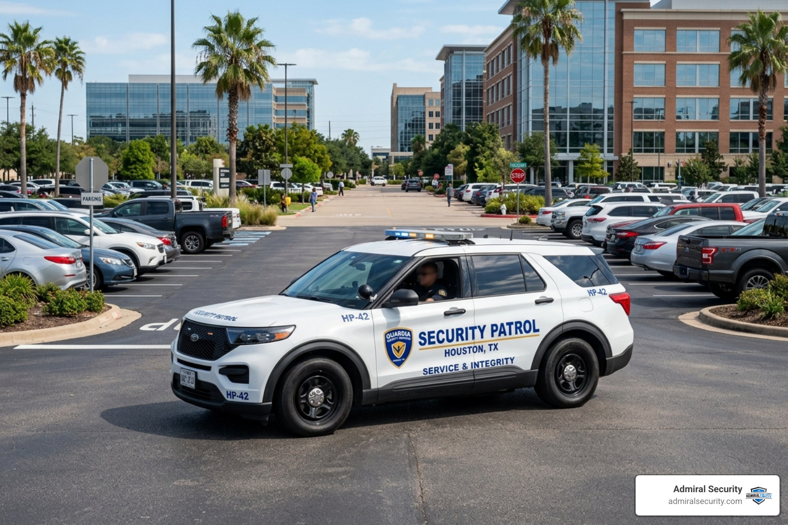 marked security patrol vehicle patrolling a Houston commercial parking lot - houston security company marked security patrol vehicle patrolling a Houston commercial parking lot - houston security company