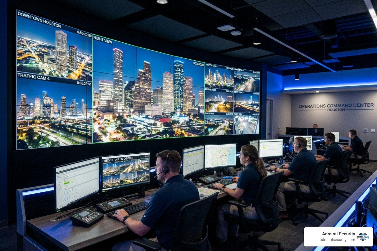 modern surveillance command center monitoring Houston business district - commercial security houston tx