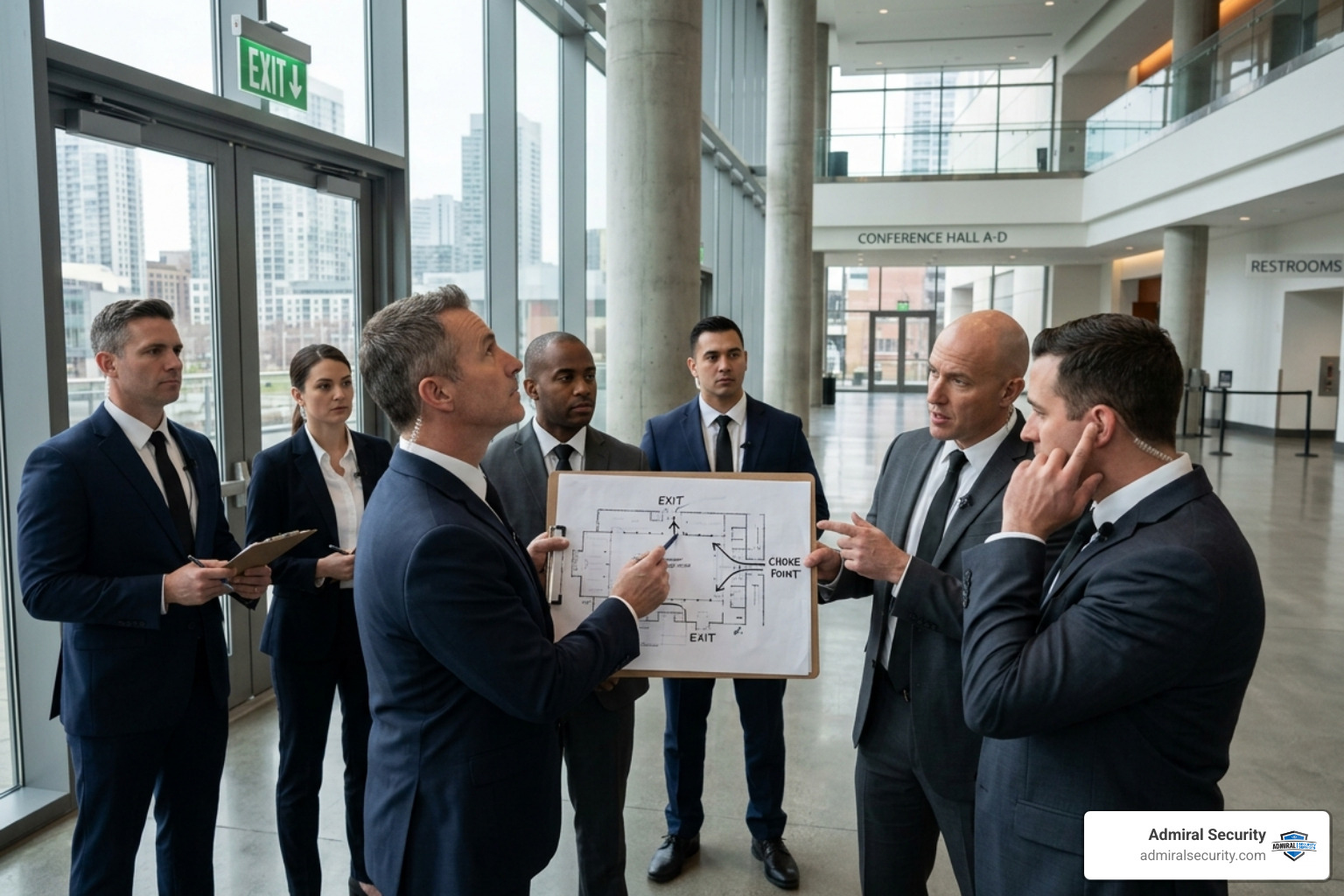 A security team conducting a site walkthrough and mapping out evacuation routes - VIP event security officers