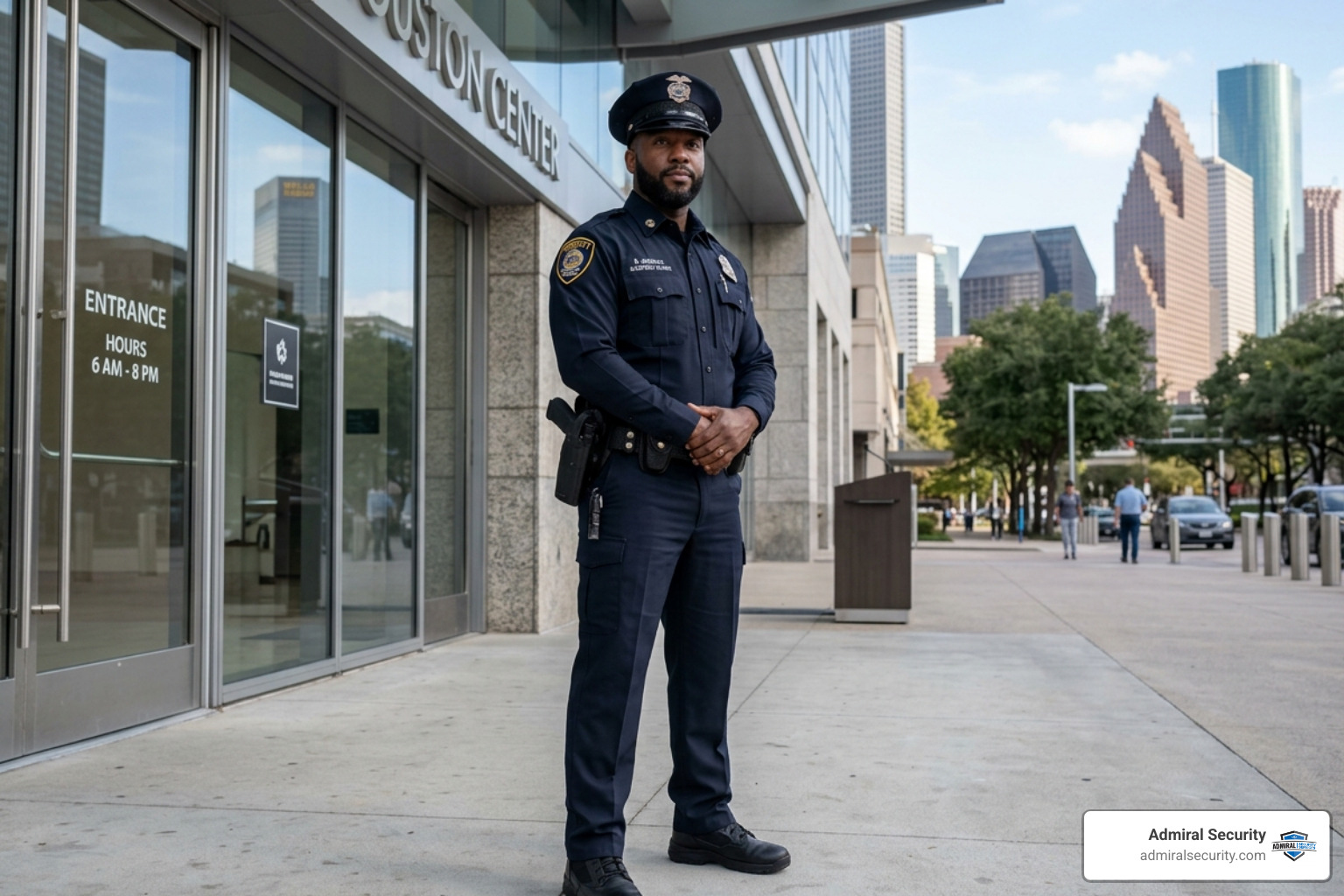 Professional licensed armed security guard in a high-quality uniform standing post in Houston - armed security guards houston