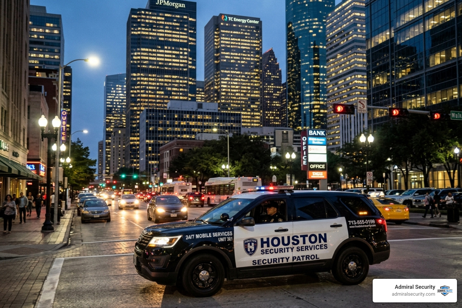 marked security patrol vehicle patrolling a Houston business district - houston security guard companies marked security patrol vehicle patrolling a Houston business district - houston security guard companies