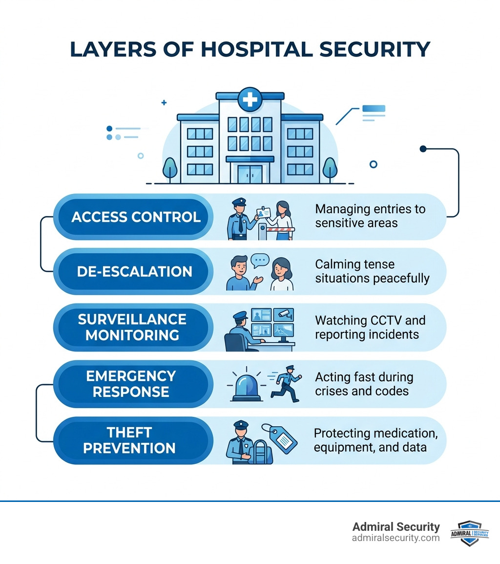 Infographic showing layers of hospital security: access control, de-escalation, surveillance, emergency response, theft Infographic showing layers of hospital security: access control, de-escalation, surveillance, emergency response, theft