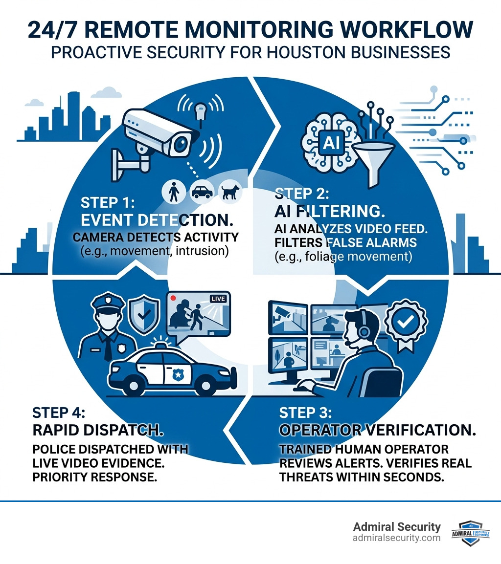 Infographic showing 24/7 remote monitoring workflow: camera detects event, AI filters false alarms, human operator verifies