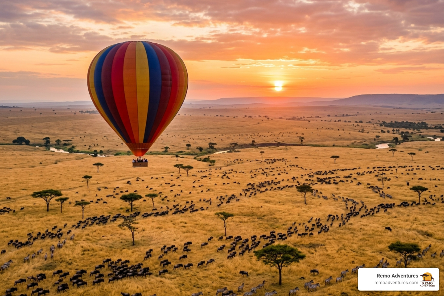 Serengeti balloon safari at sunrise with wildlife herds below - Serengeti balloon safari packages