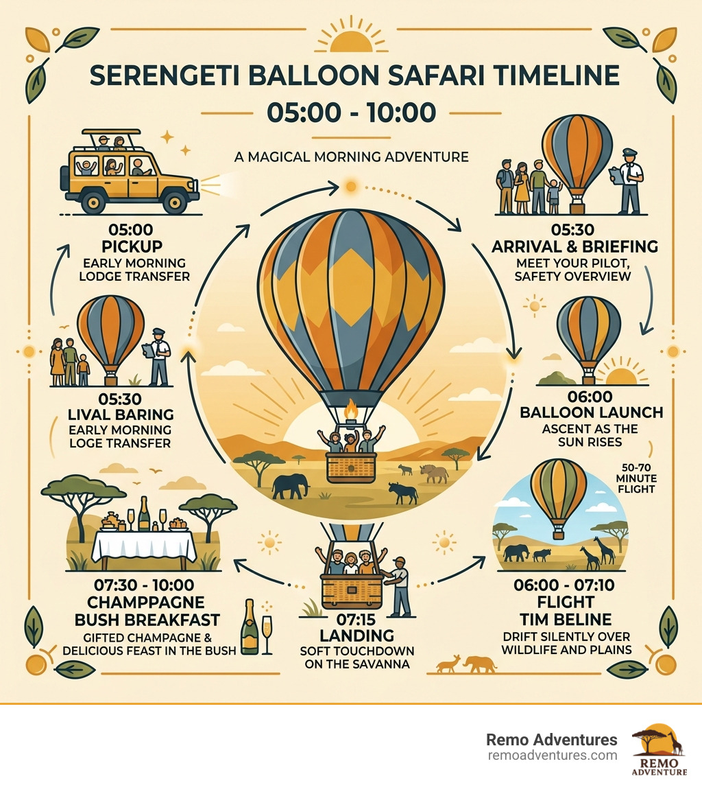 Serengeti balloon safari timeline infographic from 05:00 pickup to 10:00 bush breakfast - Serengeti balloon safari packages