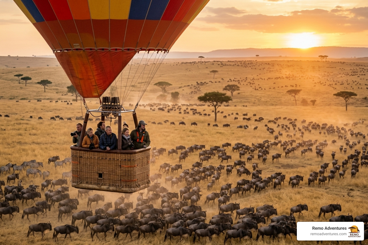 Hot air balloon basket drifting over the Great Migration herds - Serengeti balloon safari packages