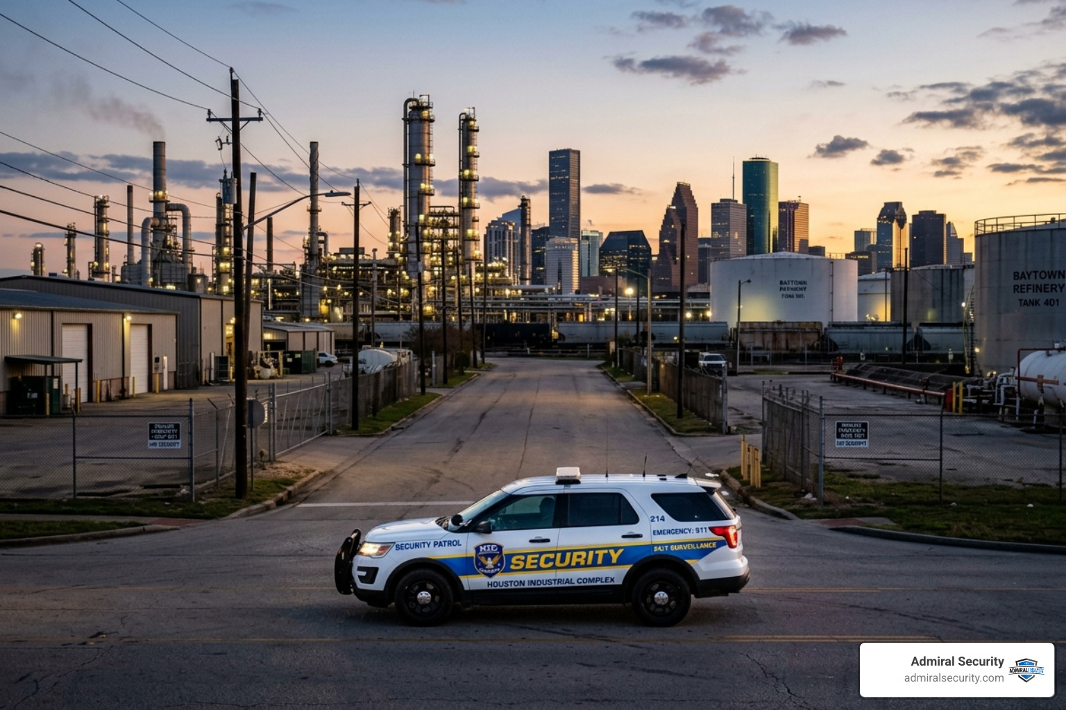 security patrol vehicle moving through a Houston industrial park - security companies in houston tx