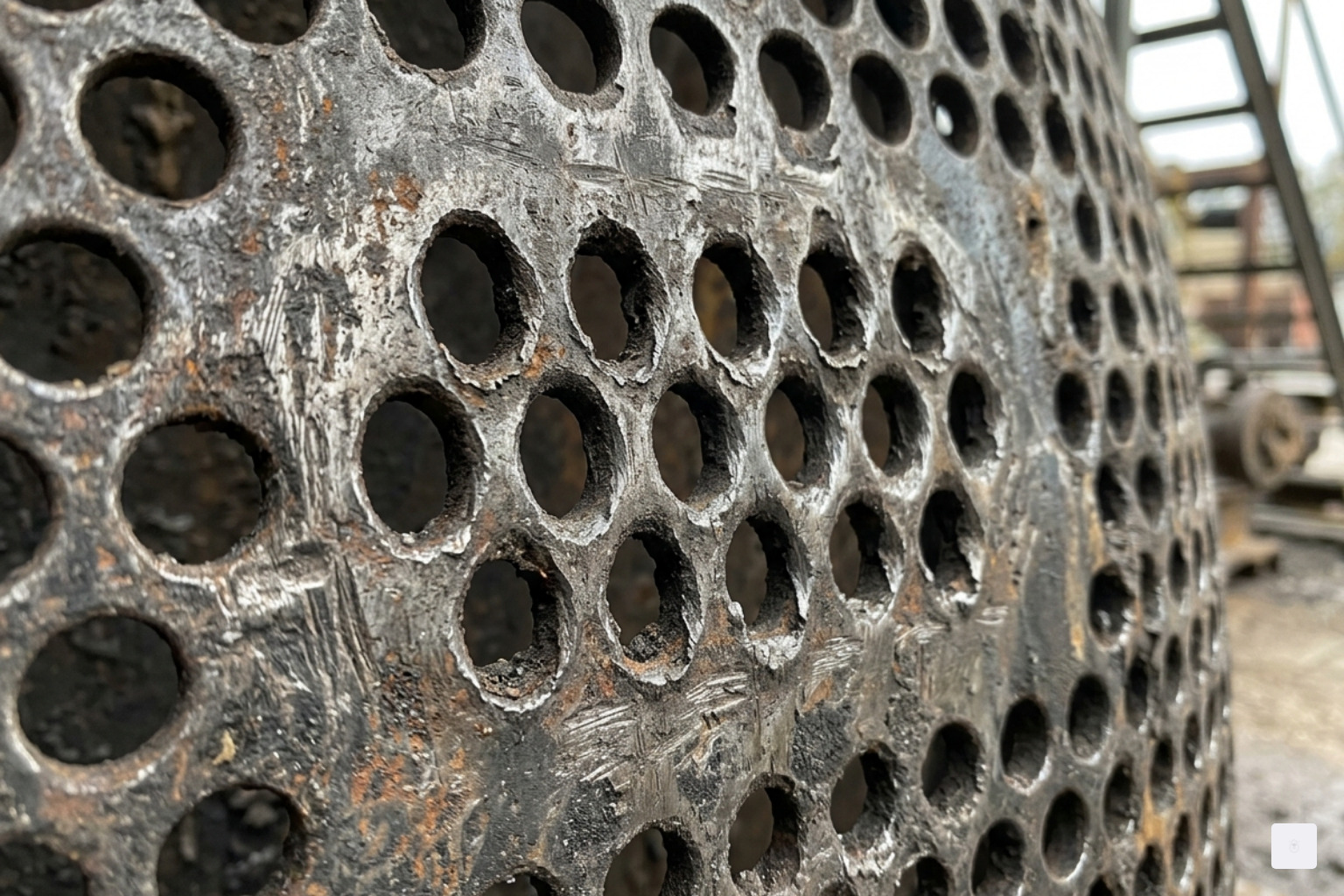 Close-up of a worn hammer mill screen showing hole elongation and surface abrasion