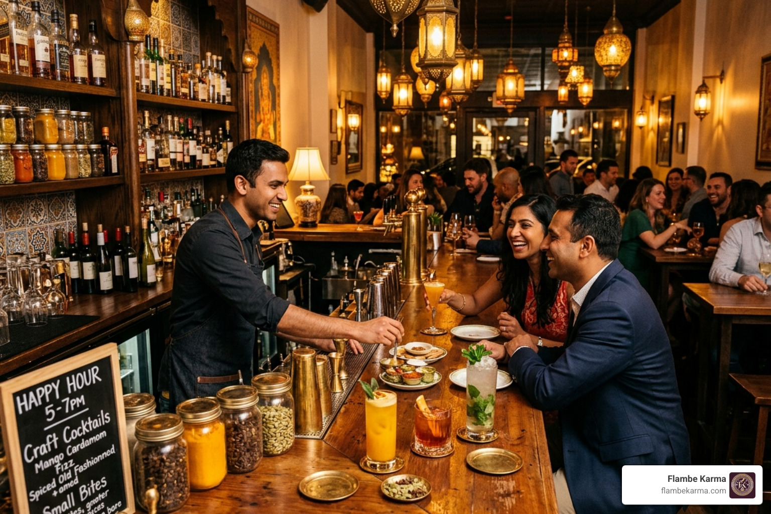 modern Indian bar setting with ambient lighting - indian restaurant happy hour