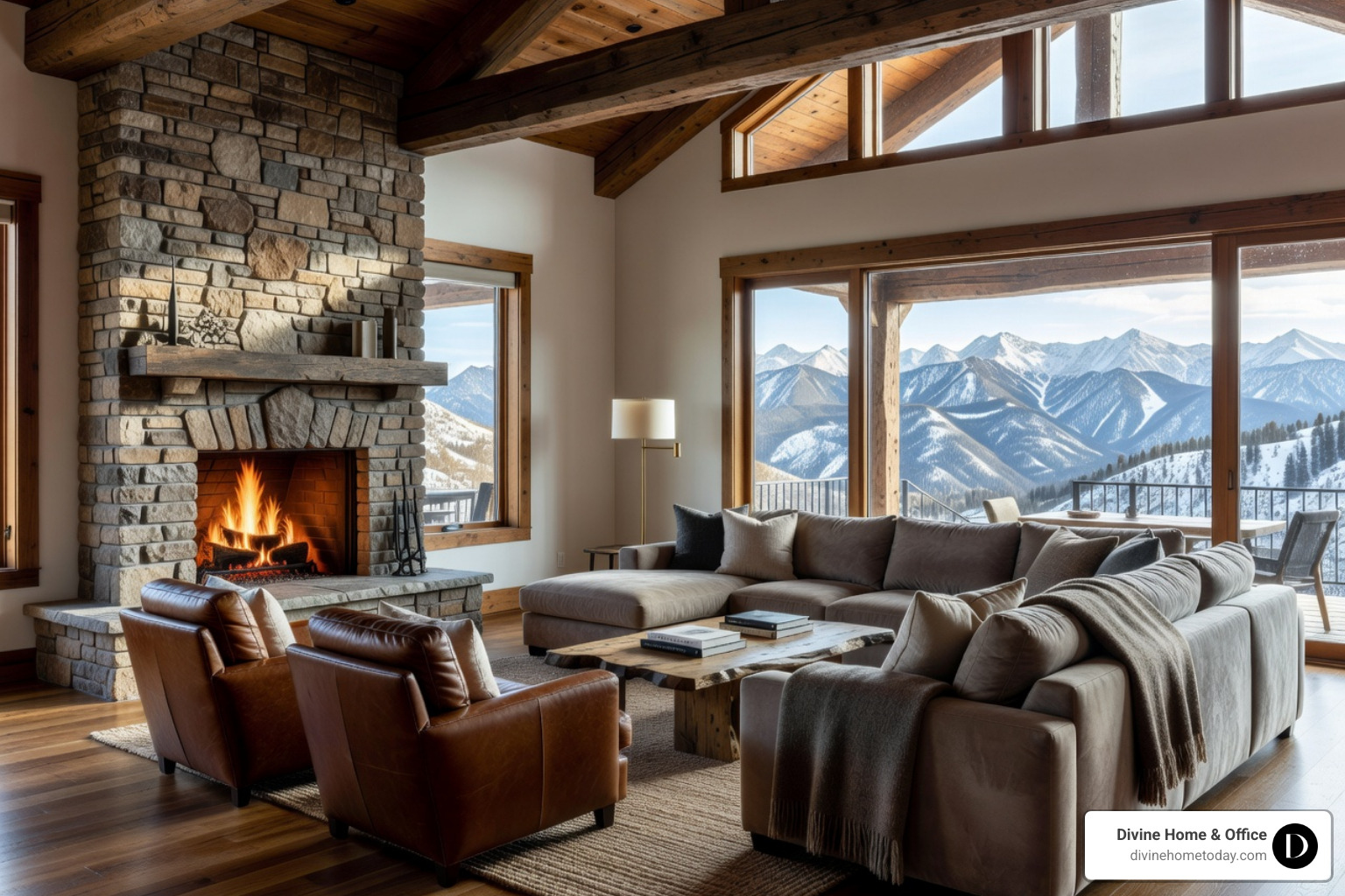 Luxury Colorado mountain living room with stone fireplace and floor-to-ceiling windows - luxury style interior