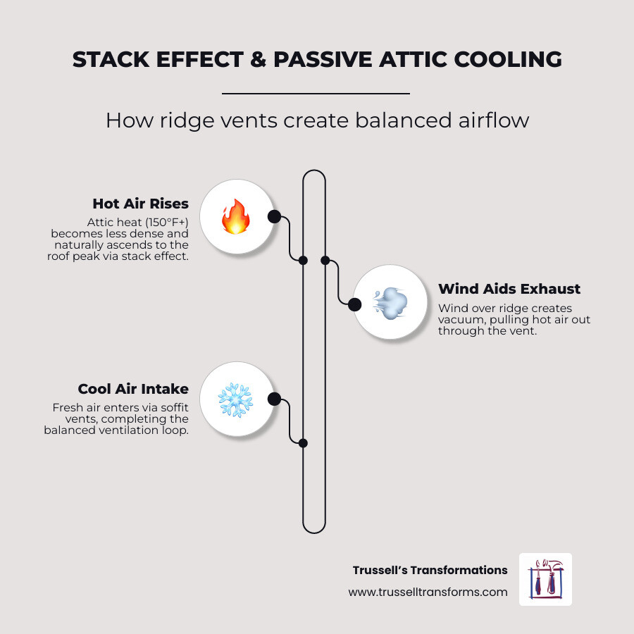 Infographic Showing Stack Effect And Passive Attic Cooling With Ridge Vent Airflow Dynamics - Roof Ridge Vent Installation Infographic Showing Stack Effect And Passive Attic Cooling With Ridge Vent Airflow Dynamics - Roof Ridge Vent Installation
