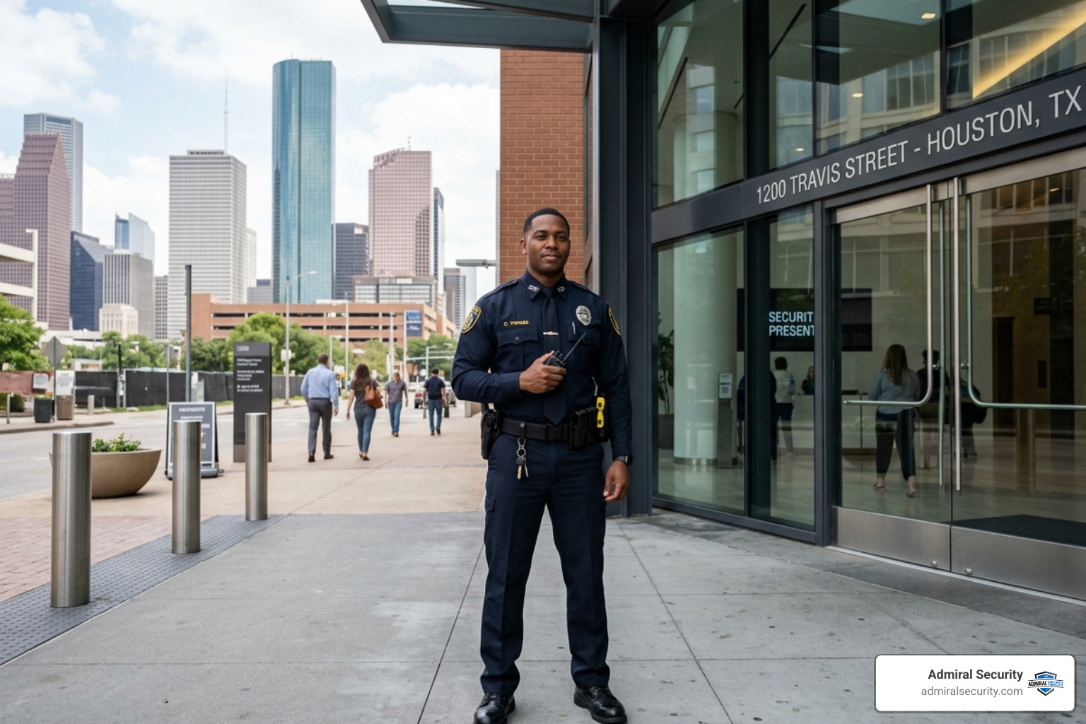Professional security officer standing at a commercial building entrance in Houston - houston security guard services