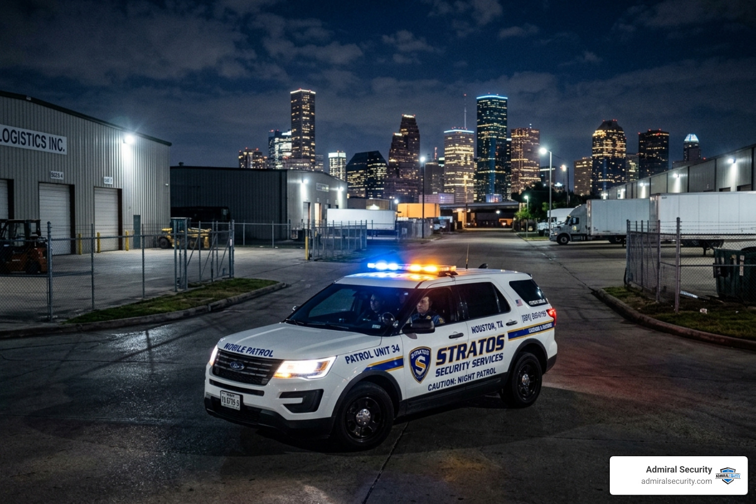 Security mobile patrol vehicle with light bar patrolling a Houston industrial park at night - houston security guard services