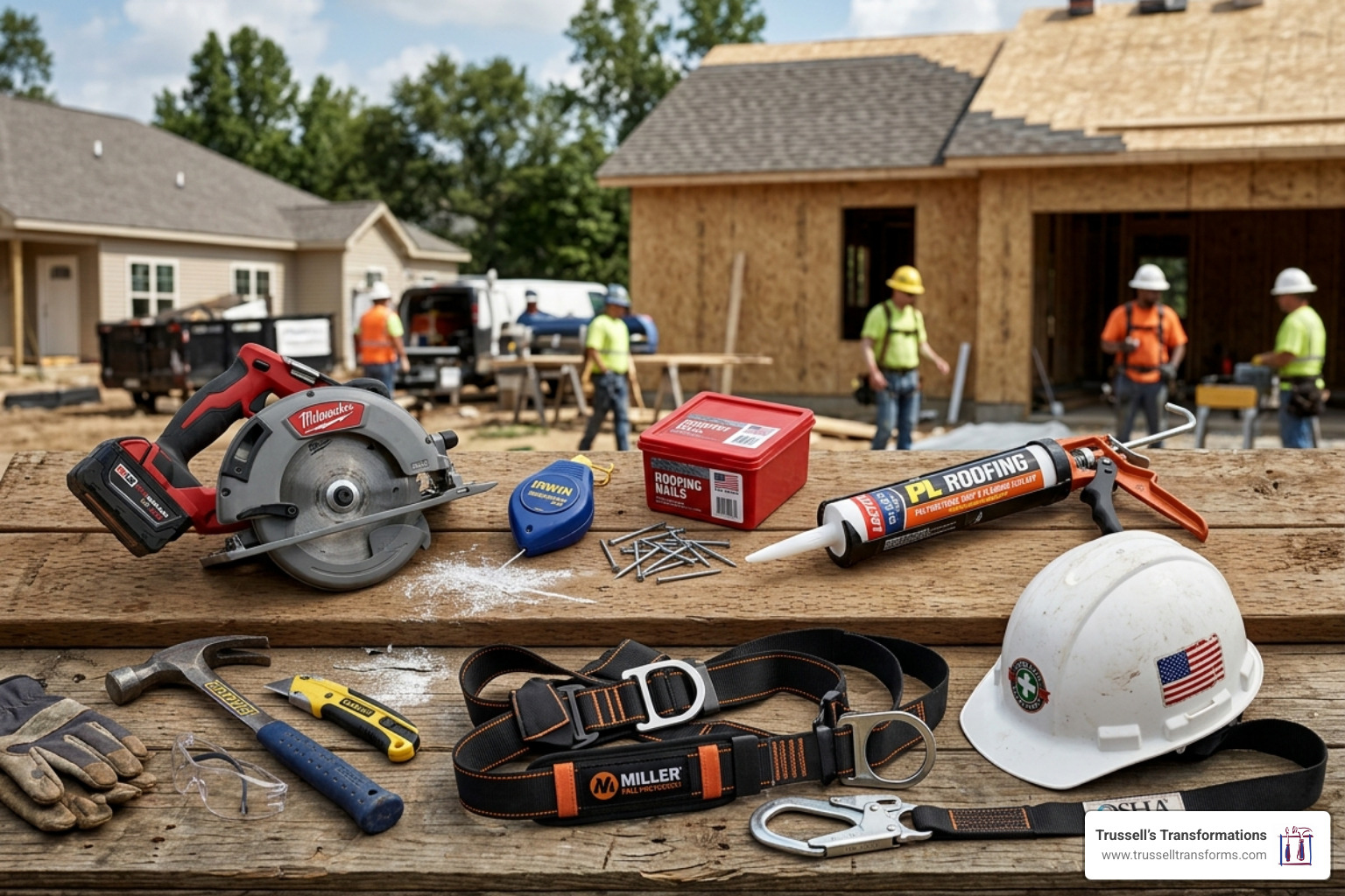 Professional Roofing Tools Including Circular Saw, Chalk Line, And Safety Gear Laid Out On A Workspace - Roof Ridge Vent Professional Roofing Tools Including Circular Saw, Chalk Line, And Safety Gear Laid Out On A Workspace - Roof Ridge Vent