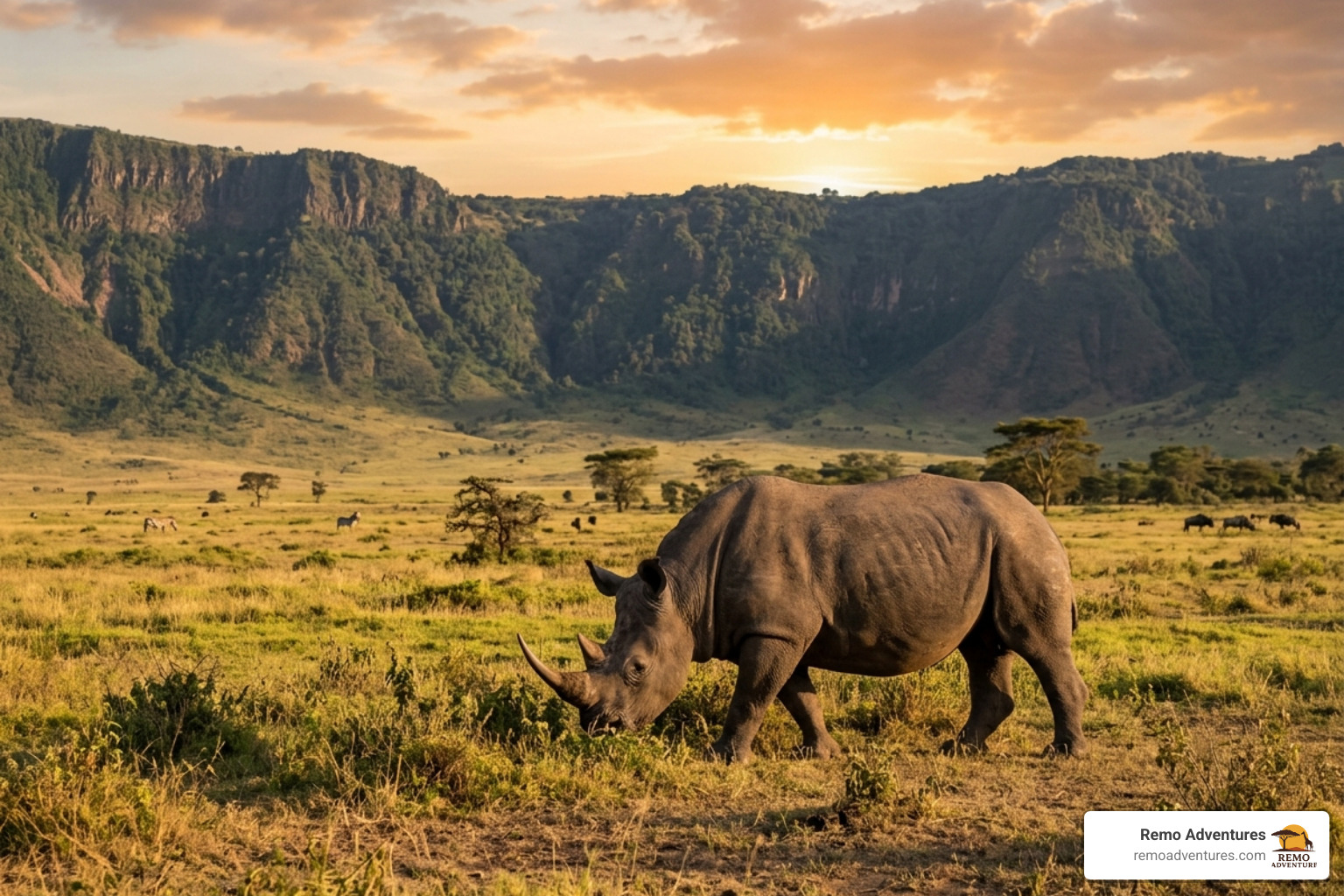 A critically endangered black rhino grazing on the floor of the Ngorongoro Crater - Wildlife photography Tanzania safaris