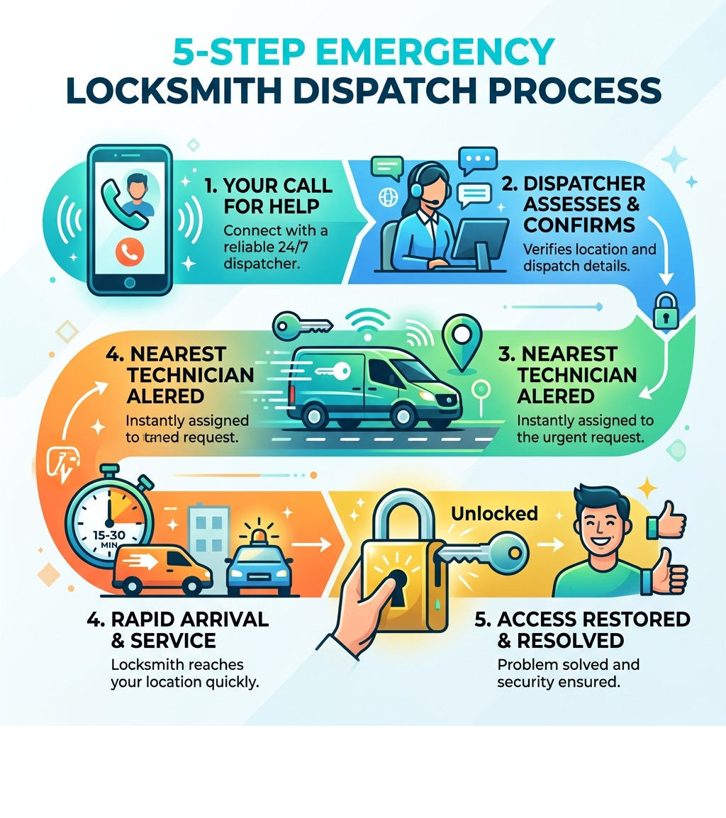 5-step emergency locksmith dispatch process infographic - 24 hour locksmith nearby infographic 