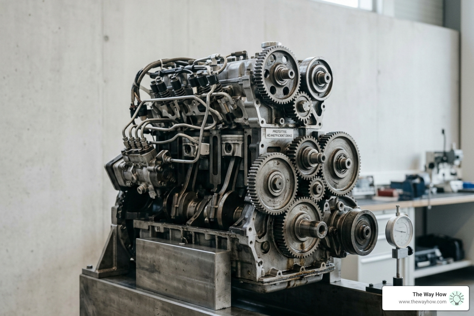 A complex mechanical engine with visible gaps in its gears representing structural inefficiencies - Revenue strategy