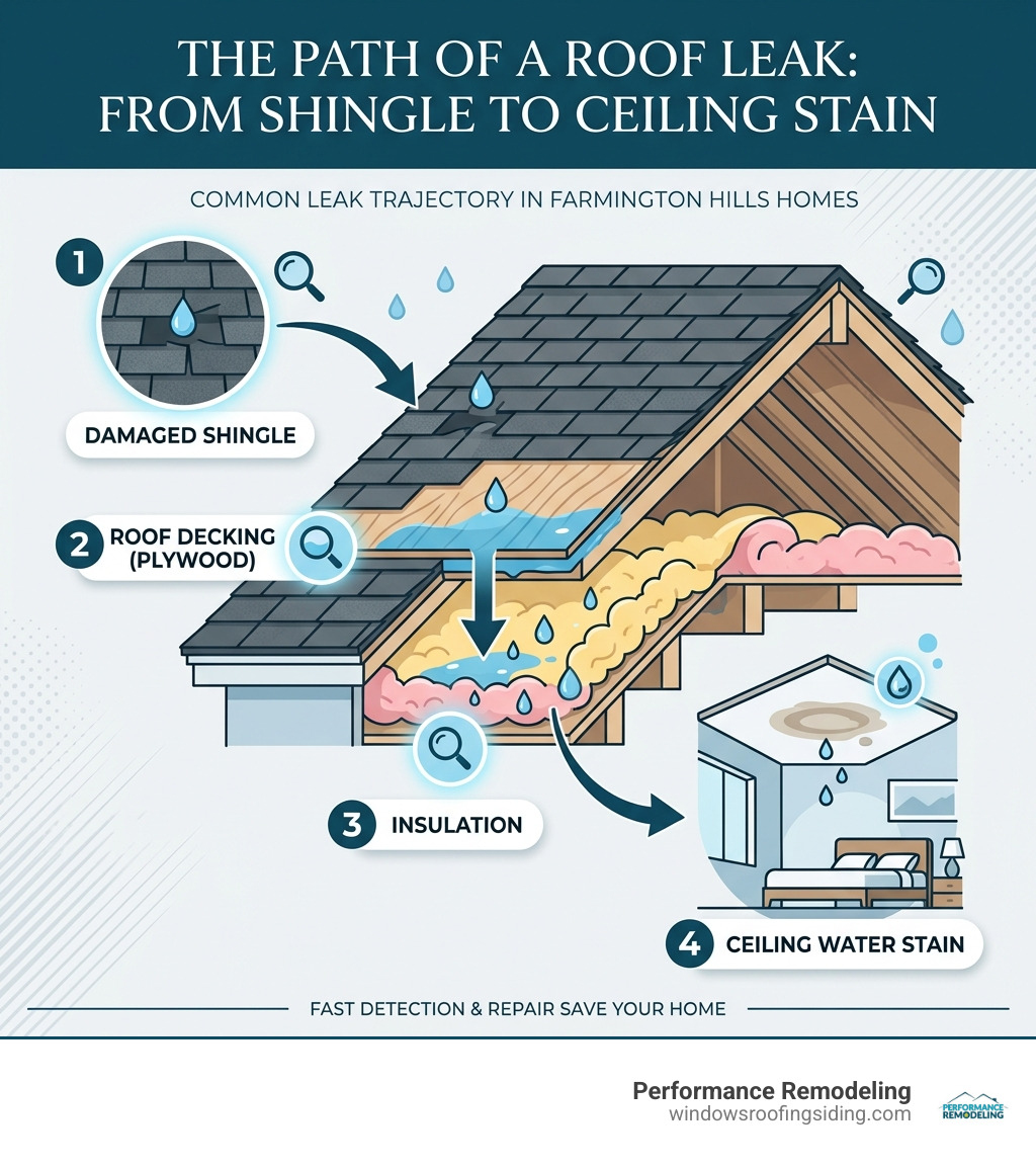 Infographic showing the path of a roof leak from damaged shingle through decking and insulation to ceiling water stain Infographic showing the path of a roof leak from damaged shingle through decking and insulation to ceiling water stain