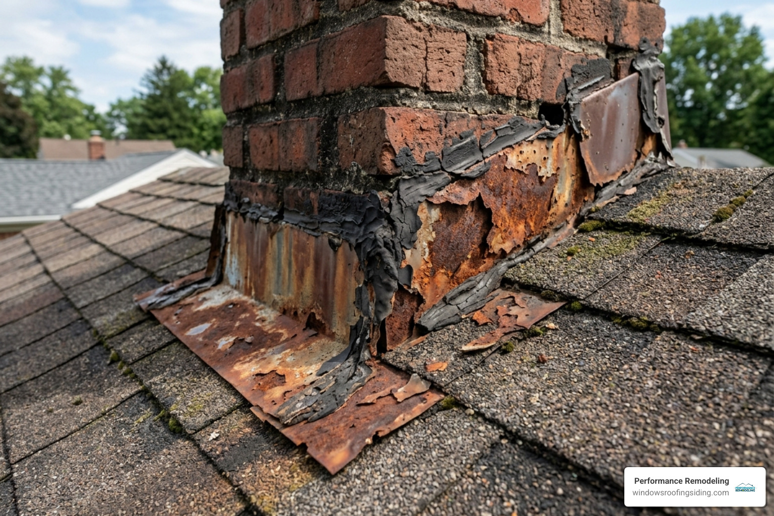 damaged roof flashing around a chimney showing rusted metal and cracked sealant - roof leak repair farmington damaged roof flashing around a chimney showing rusted metal and cracked sealant - roof leak repair farmington