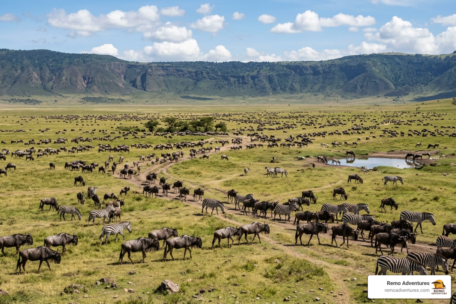 The Ngorongoro Crater floor teeming with herds of wildebeest and zebra - Customized Tanzania safari itineraries