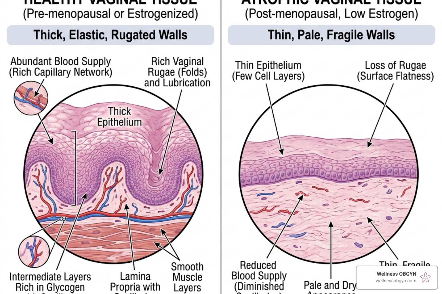 Illustration of vaginal tissue changes from healthy to atrophic - vaginal atrophy treatment Illustration of vaginal tissue changes from healthy to atrophic - vaginal atrophy treatment
