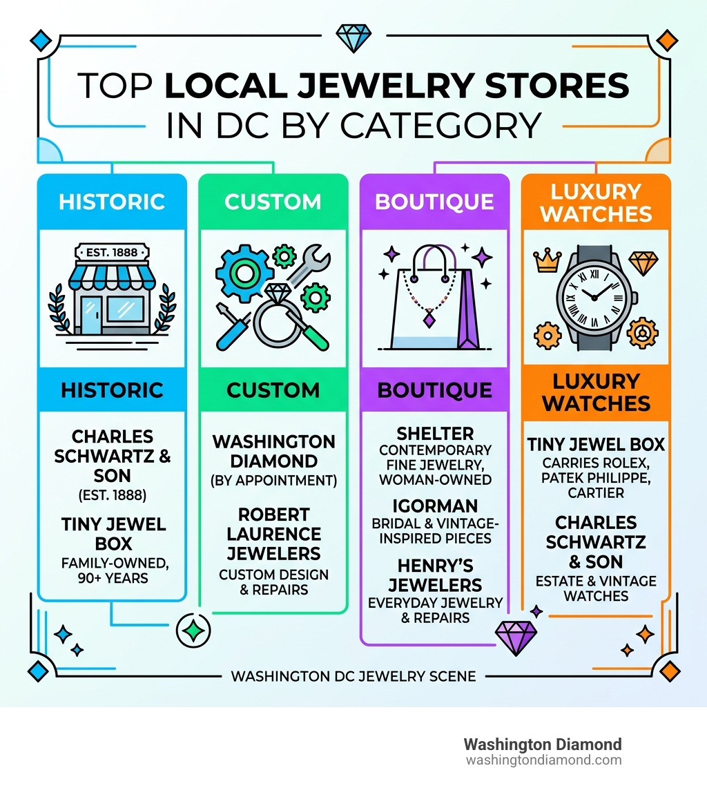 Infographic showing top local jewelry stores in DC by category: historic, custom, boutique, luxury watches - local jewelry