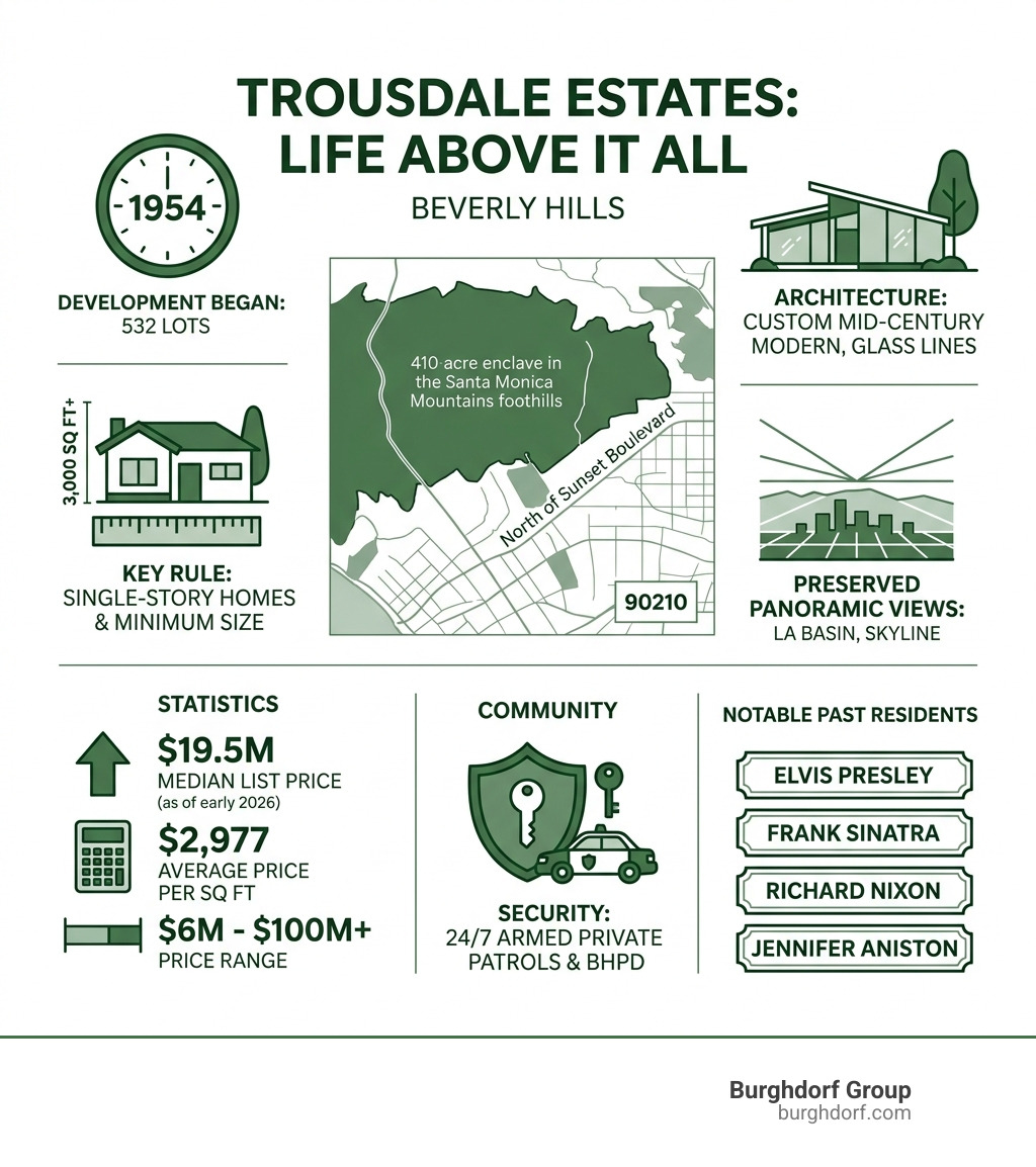Trousdale Estates Beverly Hills lifestyle overview infographic with key stats and features - trousdale estates beverly hills