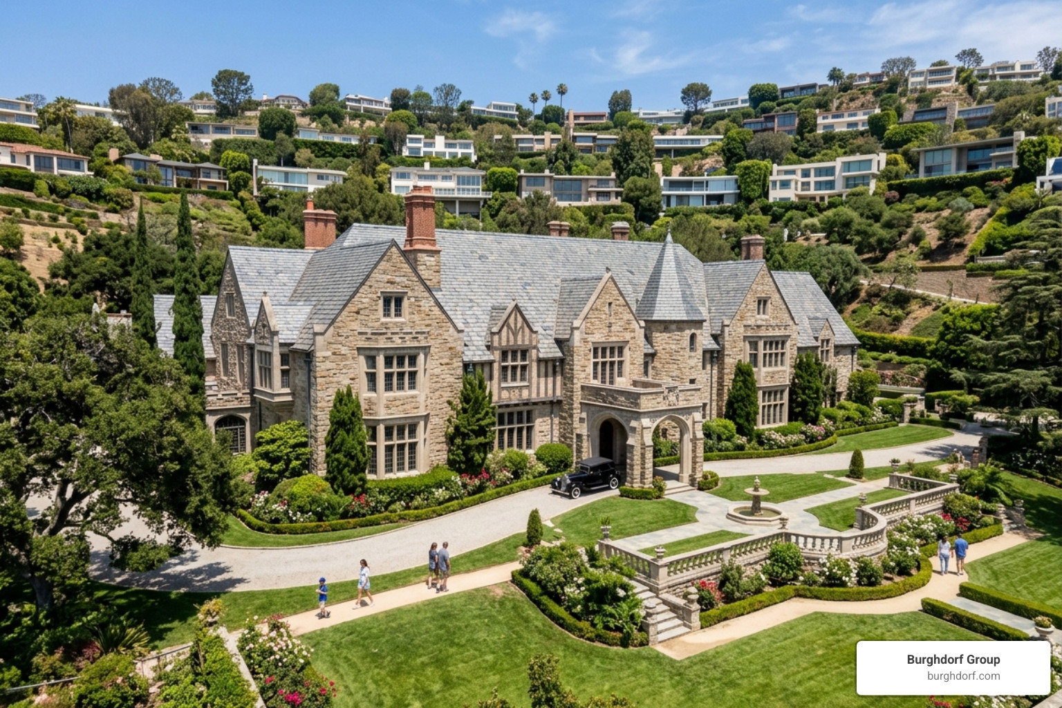 The historic Greystone Mansion at the base of Trousdale Estates Beverly Hills - trousdale estates beverly hills