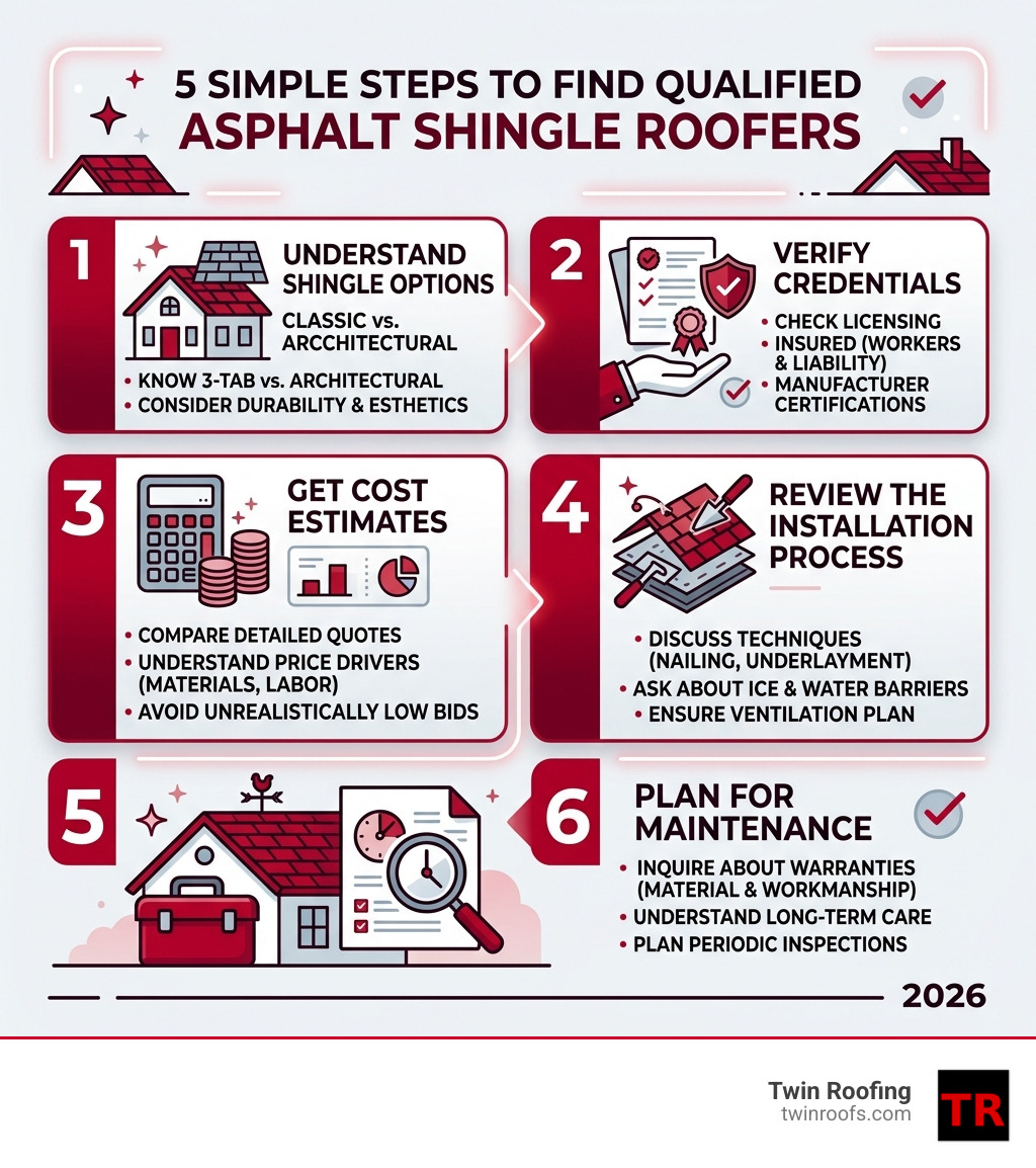 5 steps to find qualified asphalt shingle roofers with key criteria at each step - asphalt shingle roofers infographic 