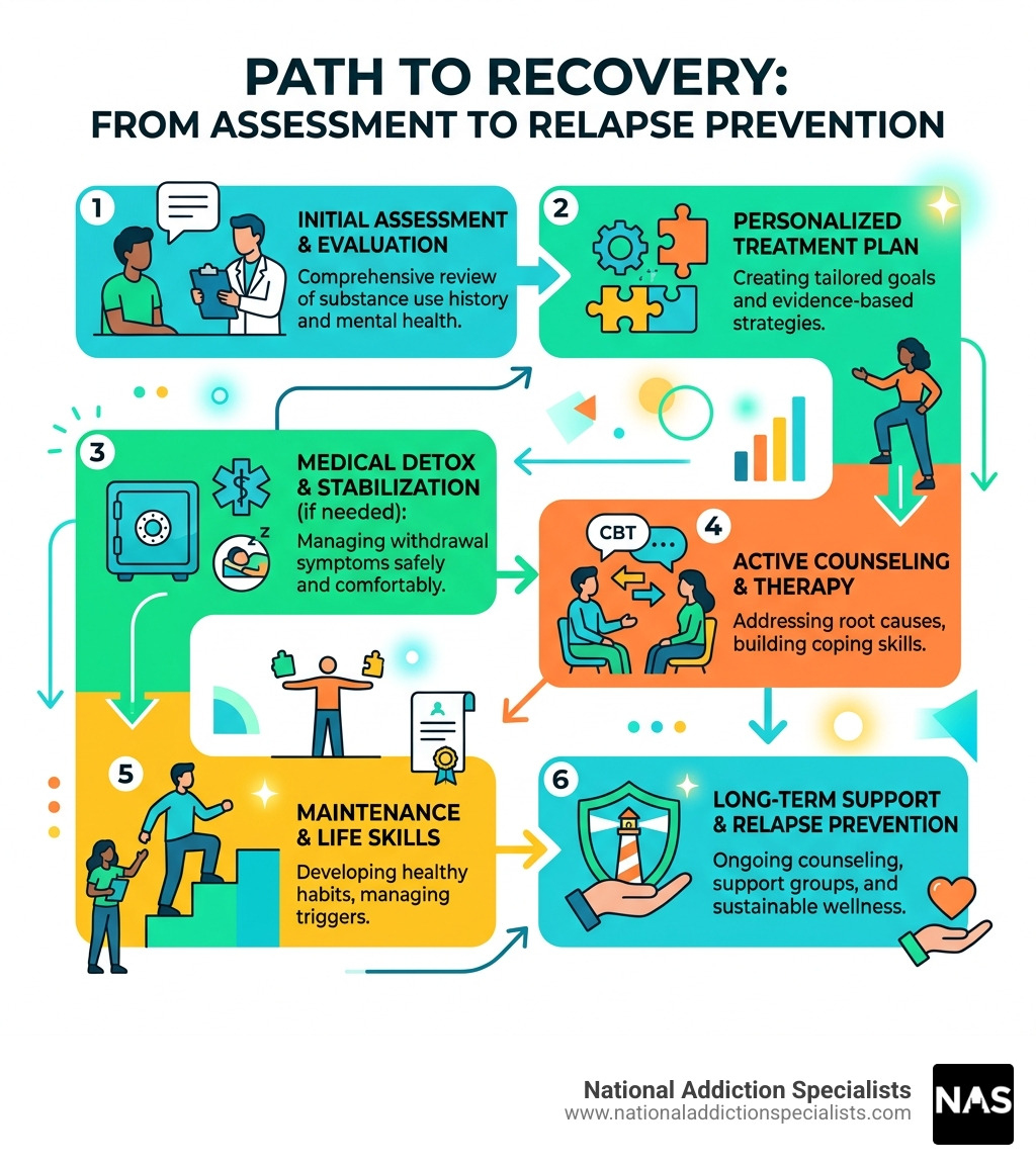 Steps from initial assessment to long-term addiction recovery and relapse prevention - drug and alcohol counselor near me