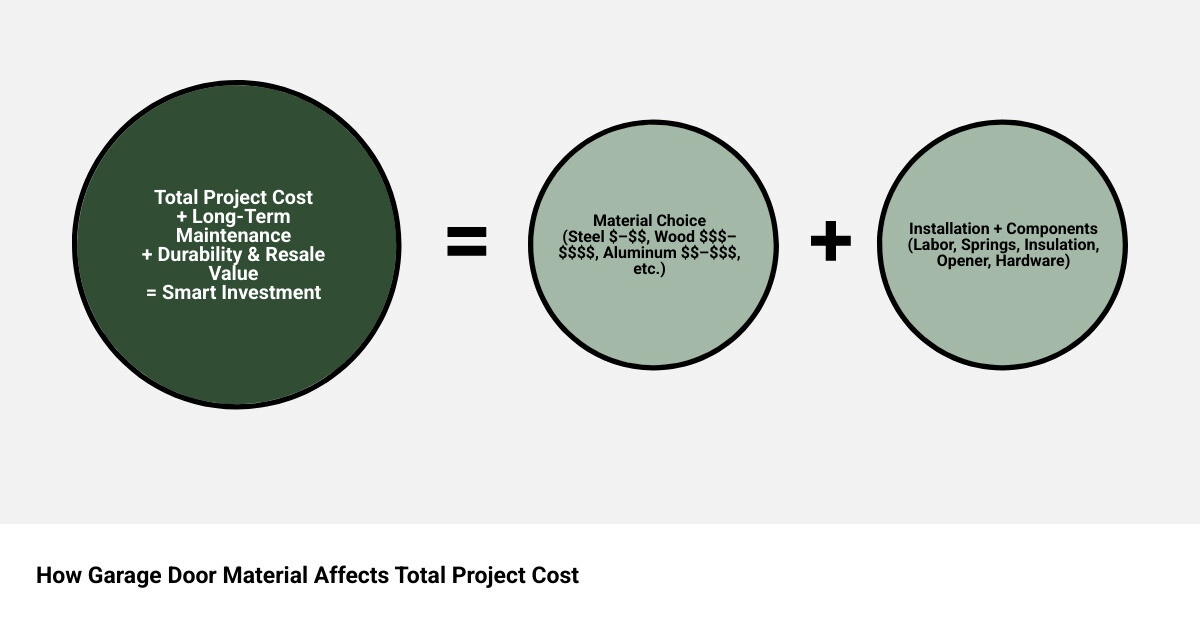 Infographic showing how garage door material affects total project cost across steel, wood, aluminum, fiberglass, composite Infographic showing how garage door material affects total project cost across steel, wood, aluminum, fiberglass, composite